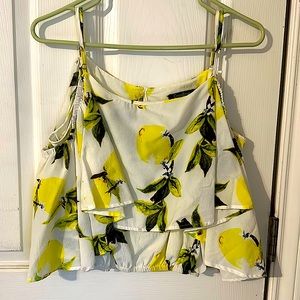 Papillon-Ruffle Open Shoulder Top. Tag says large.